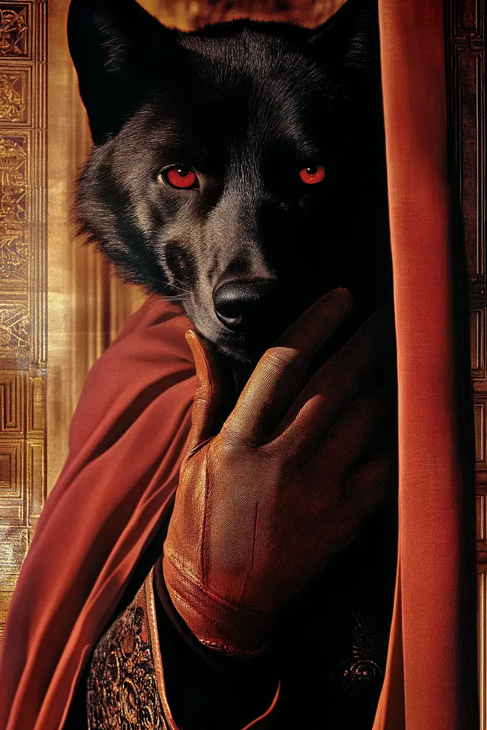 Midjourney generated image using SREF code Bronze Mirage: A black wolf with red eyes peeking out from behind a curtain.