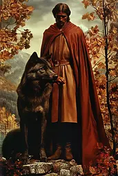 Midjourney generated image using SREF code Bronze Mirage: A man in a red cloak standing next to a wolf.