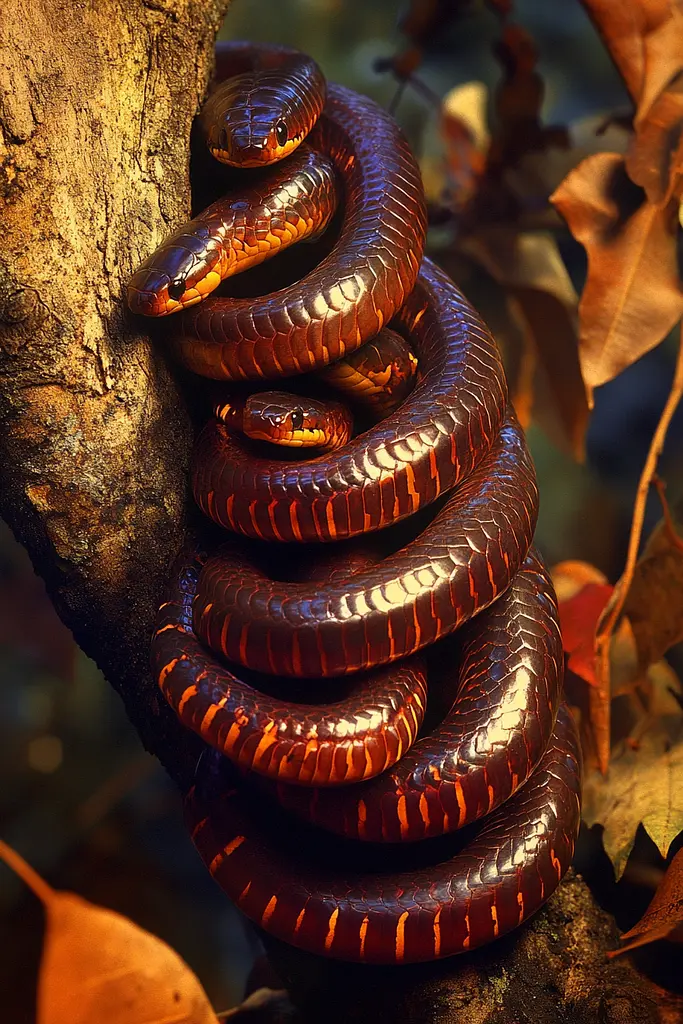 Midjourney generated image using SREF code Bronze Mirage: A red and black snake curled up on a tree branch.