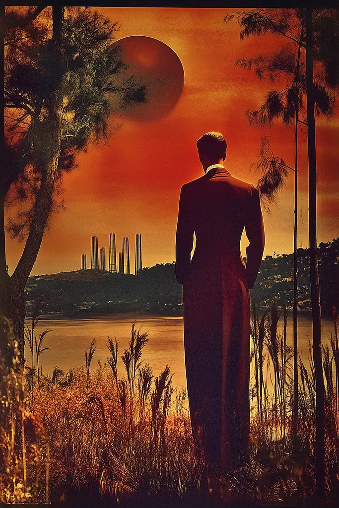 Midjourney generated image using SREF code Bronze Mirage: A man in a suit standing in front of a sunset.