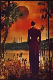 Midjourney generated image using SREF code Bronze Mirage: A man in a suit standing in front of a sunset.