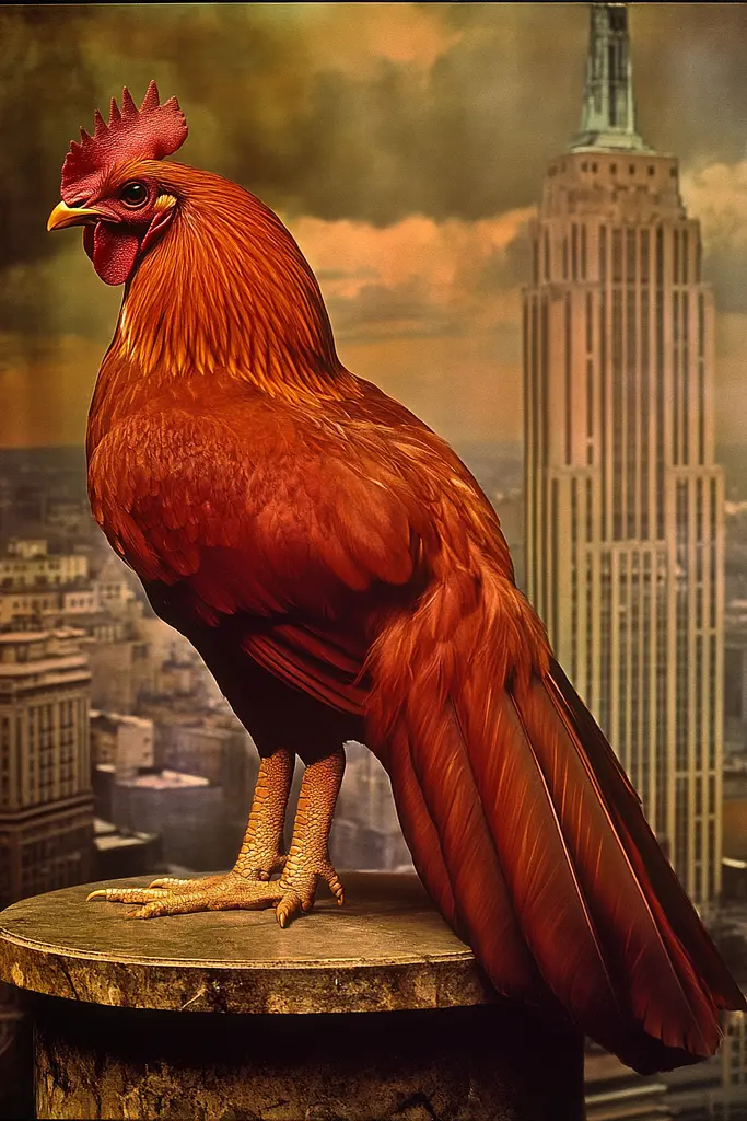 Midjourney generated image using SREF code Bronze Mirage: A rooster standing on top of a building with a city in the background.