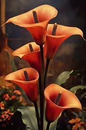 Midjourney generated image using SREF code Bronze Mirage: A painting of three orange calla lilies in a vase.