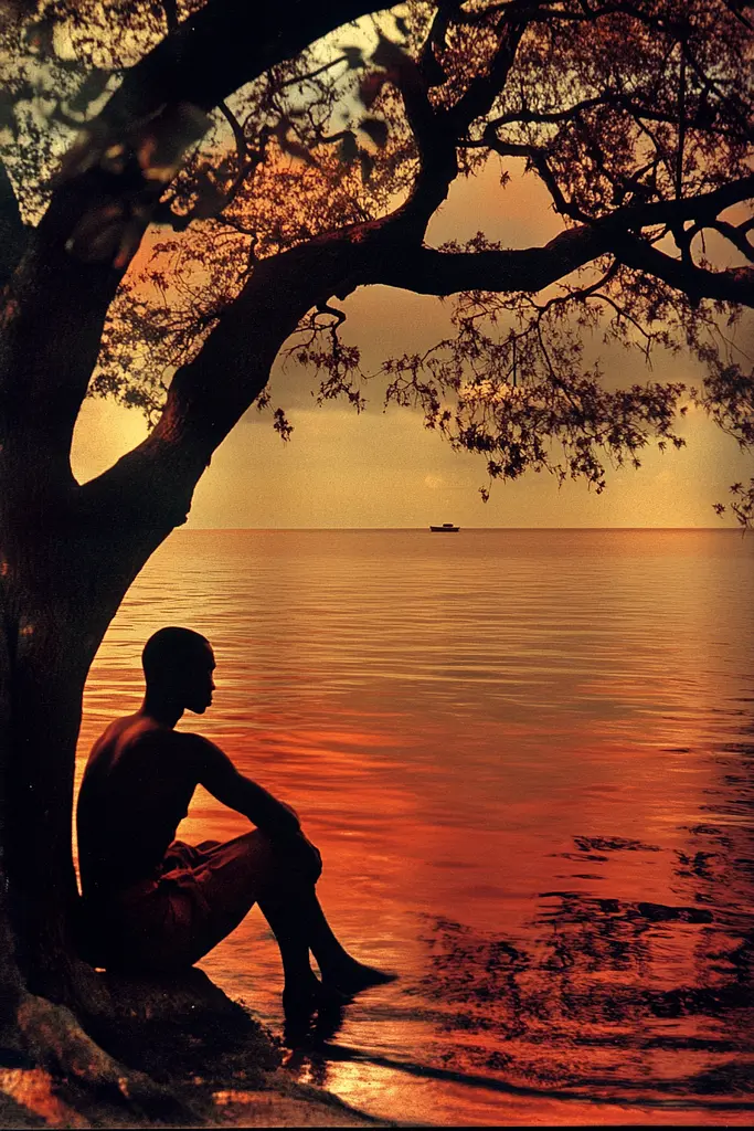 Midjourney generated image using SREF code Bronze Mirage: A man sitting under a tree by the water at sunset.