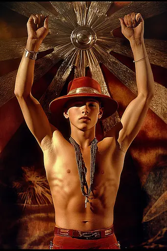 Midjourney generated image using SREF code Bronze Mirage: A shirtless man wearing a red hat and a necklace.