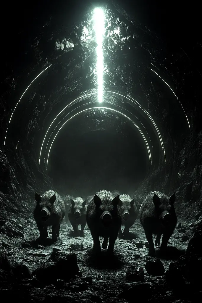 Midjourney generated image using SREF code Chimeric Veil: A group of wild boars walking through a dark tunnel.