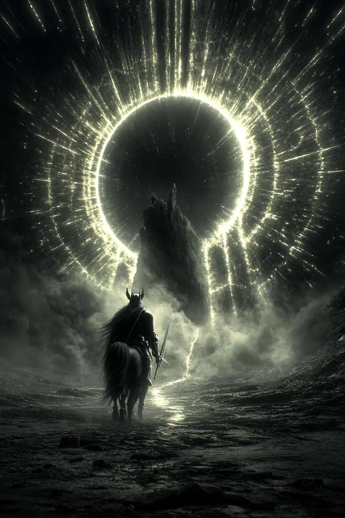 Midjourney generated image using SREF code Chimeric Veil: A man riding a horse in front of a black hole.