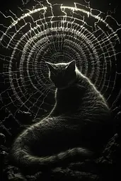 Midjourney generated image using SREF code Chimeric Veil: A black cat sitting in front of a spider web.