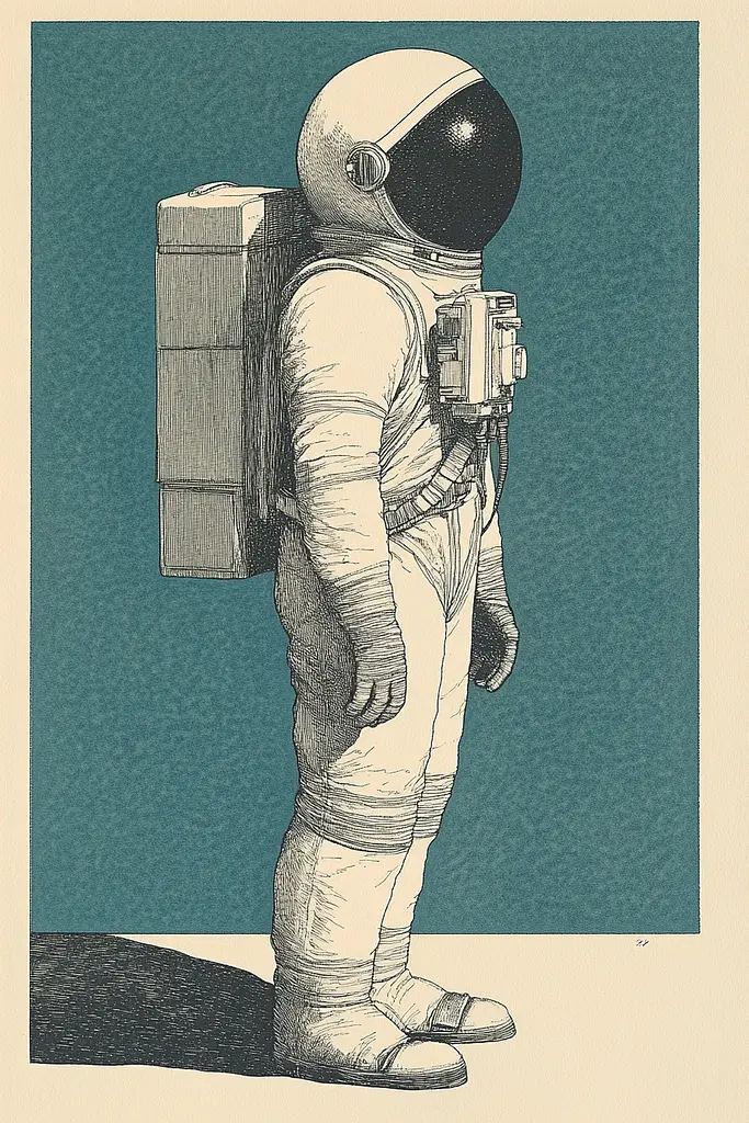 Midjourney generated image using SREF code Glacial Musings: A drawing of an astronaut with a backpack on his back.