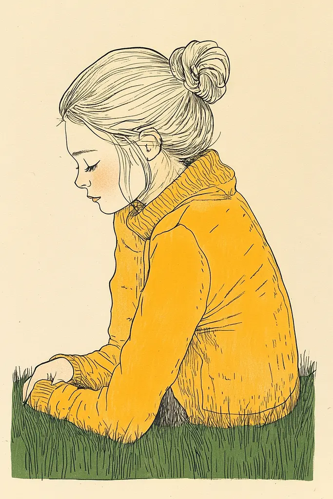 Midjourney generated image using SREF code Yellow Botanica: A drawing of a girl sitting in the grass.