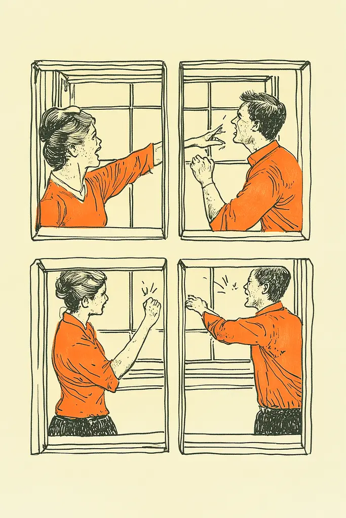 Midjourney generated image using SREF code Yellow Botanica: A drawing of a man and woman looking out of a window.