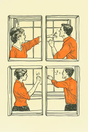 Midjourney generated image using SREF code Yellow Botanica: A drawing of a man and woman looking out of a window.