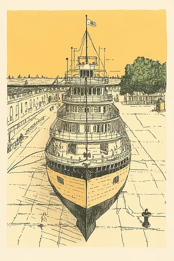 Midjourney generated image using SREF code Yellow Botanica: A drawing of a large boat sitting on top of a dock.