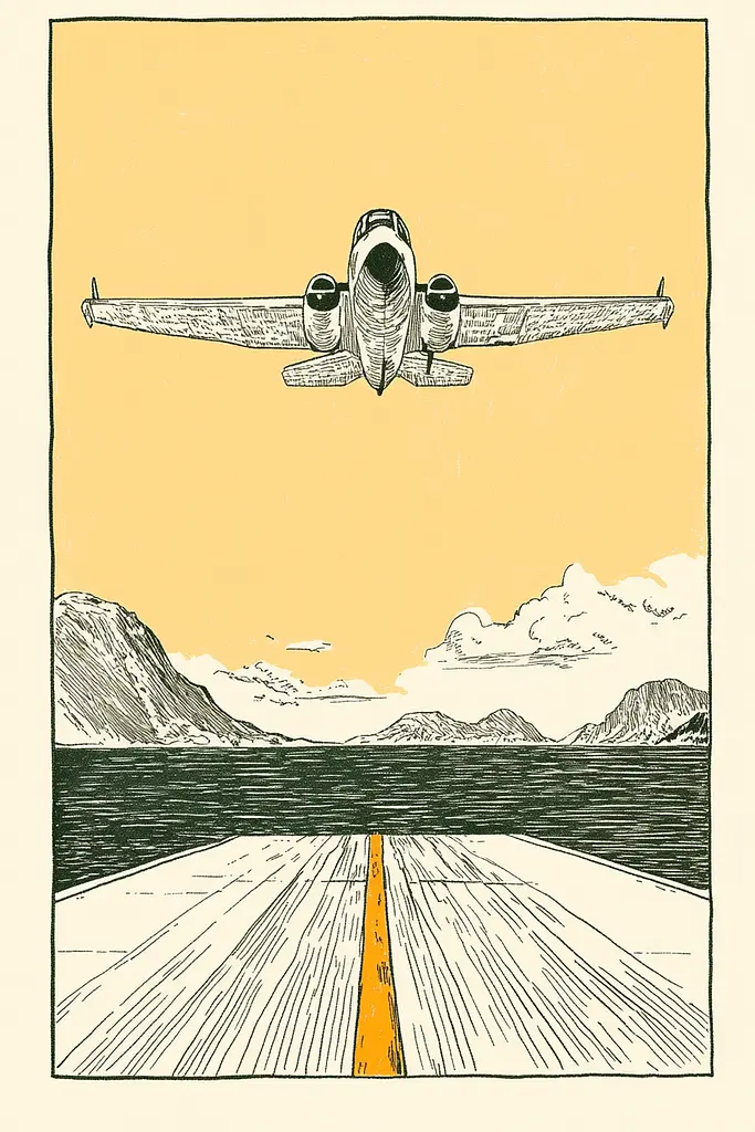 Midjourney generated image using SREF code Yellow Botanica: A drawing of an airplane flying over a road.