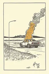 Midjourney generated image using SREF code Yellow Botanica: A drawing of a car on fire on the side of the road.