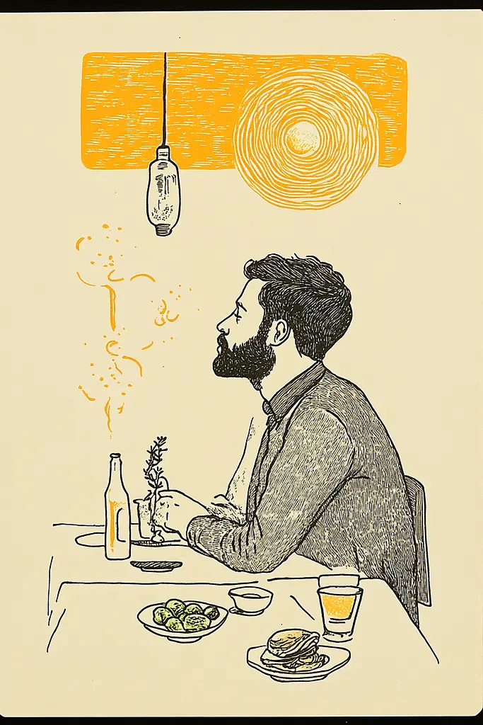 Midjourney generated image using SREF code Yellow Botanica: A man sitting at a table with a plate of food.