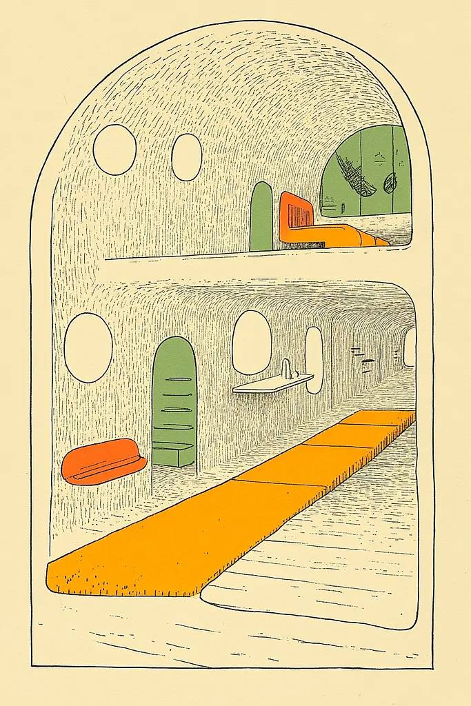 Midjourney generated image using SREF code Yellow Botanica: A drawing of a room with a yellow floor.