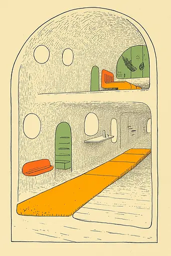 Midjourney generated image using SREF code Yellow Botanica: A drawing of a room with a yellow floor.