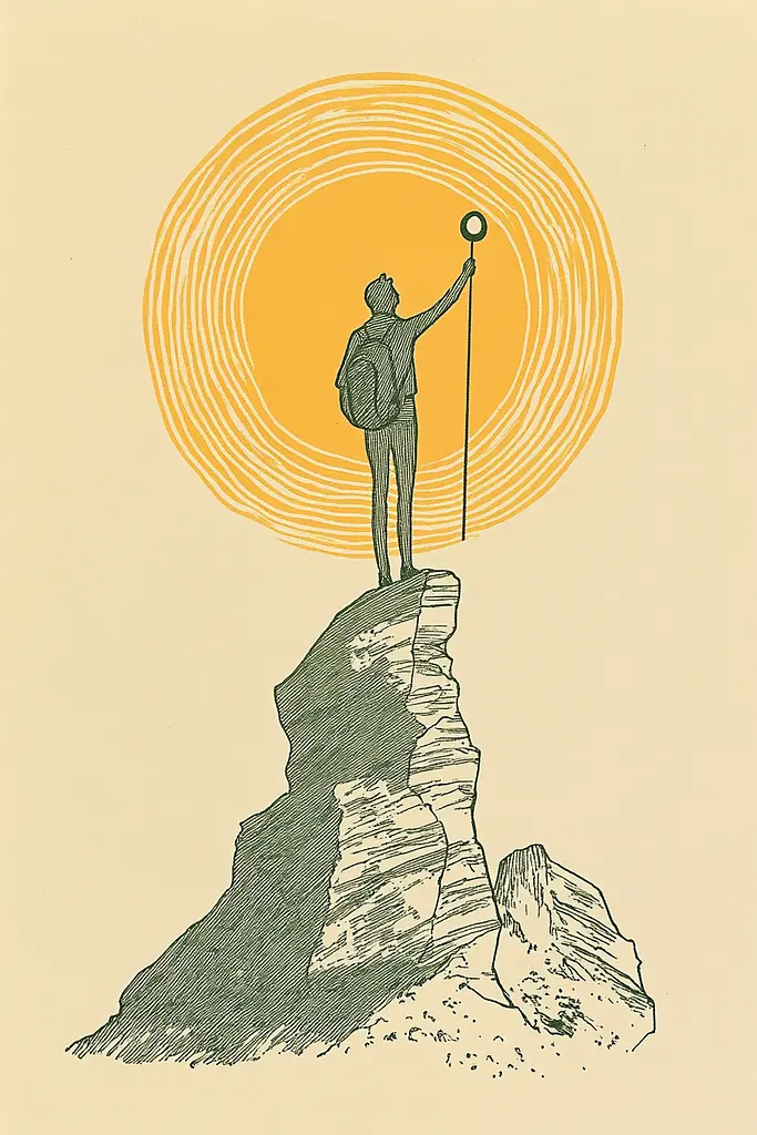 Midjourney generated image using SREF code Yellow Botanica: A man standing on top of a mountain holding a pole.