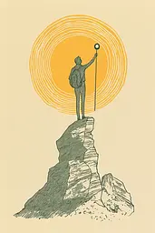 Midjourney generated image using SREF code Yellow Botanica: A man standing on top of a mountain holding a pole.