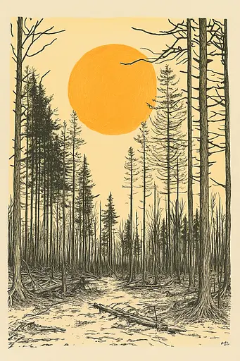 Midjourney generated image using SREF code Yellow Botanica: A drawing of a forest with a sun in the background.