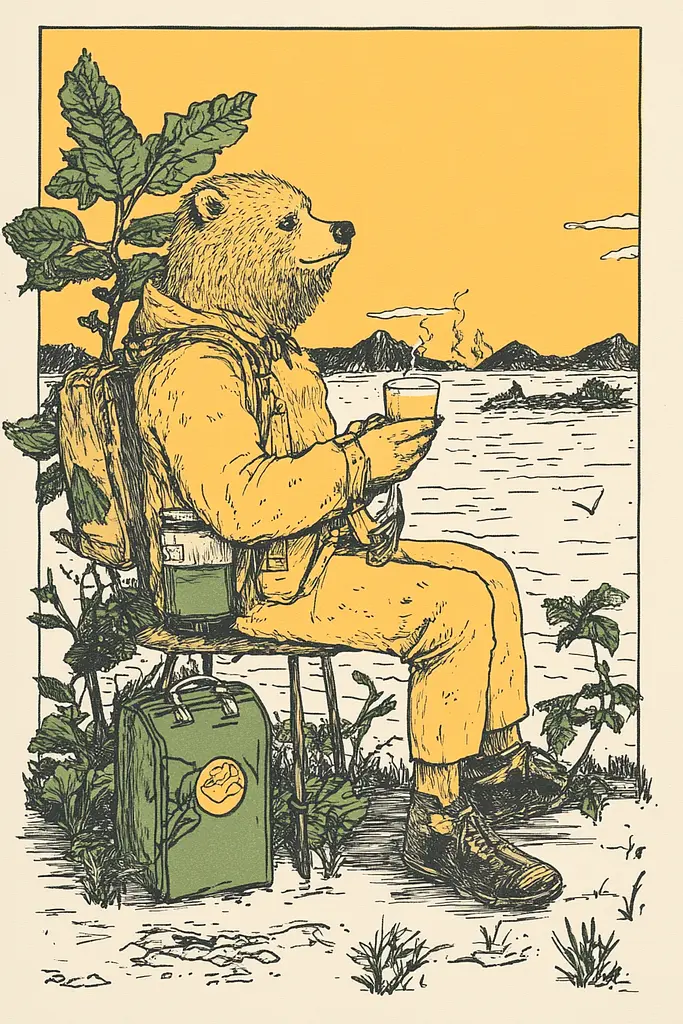 Midjourney generated image using SREF code Yellow Botanica: A bear sitting on a chair with a backpack and a cup of coffee.