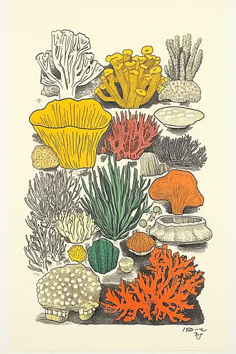 Midjourney generated image using SREF code Yellow Botanica: A drawing of various types of corals on a white background.