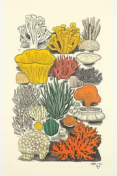 Midjourney generated image using SREF code Yellow Botanica: A drawing of various types of corals on a white background.