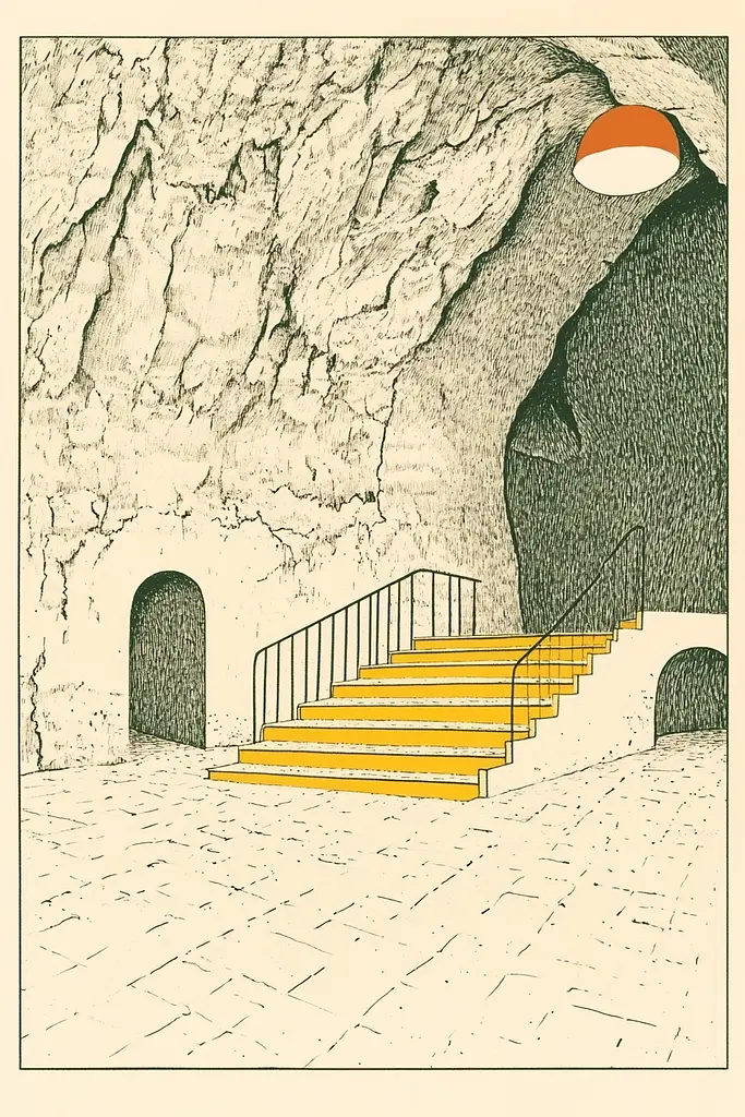 Midjourney generated image using SREF code Yellow Botanica: A drawing of a stairway leading up to a cave.