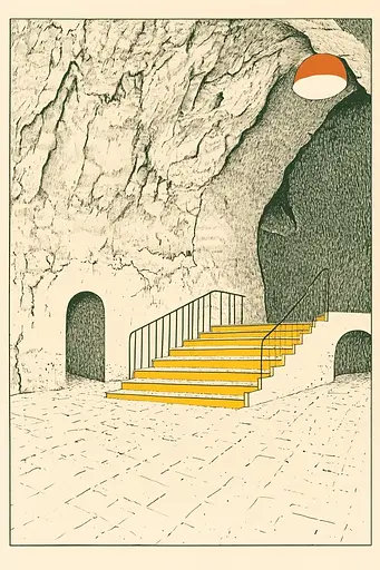 Midjourney generated image using SREF code Yellow Botanica: A drawing of a stairway leading up to a cave.