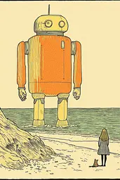 Midjourney generated image using SREF code Yellow Botanica: A drawing of a robot standing on a beach next to a girl.