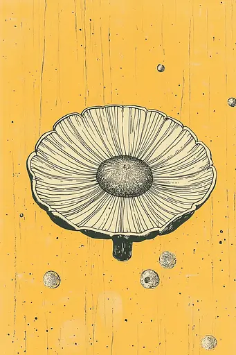 Midjourney generated image using SREF code Yellow Botanica: A drawing of a mushroom on a yellow background.