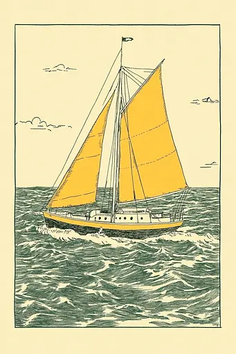 Midjourney generated image using SREF code Yellow Botanica: A drawing of a sailboat with yellow sails in the ocean.