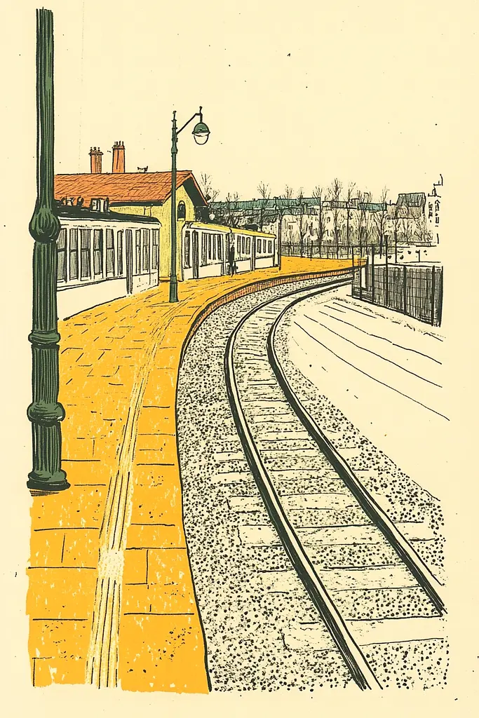 Midjourney generated image using SREF code Yellow Botanica: A drawing of a train station with a train on the tracks.