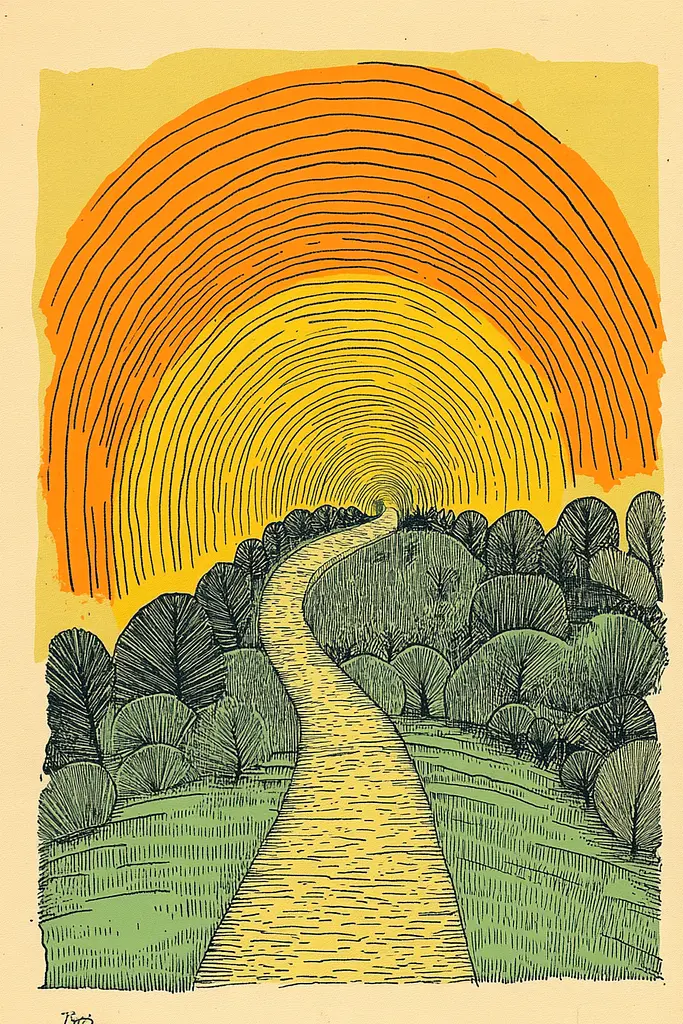 Midjourney generated image using SREF code Yellow Botanica: A drawing of a path leading to a sunset.