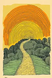 Midjourney generated image using SREF code Yellow Botanica: A drawing of a path leading to a sunset.