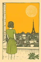 Midjourney generated image using SREF code Yellow Botanica: A woman looking out of a window at the Eiffel Tower.