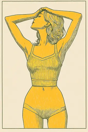 Midjourney generated image using SREF code Yellow Botanica: A drawing of a woman in a yellow bathing suit.