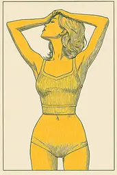 Midjourney generated image using SREF code Yellow Botanica: A drawing of a woman in a yellow bathing suit.