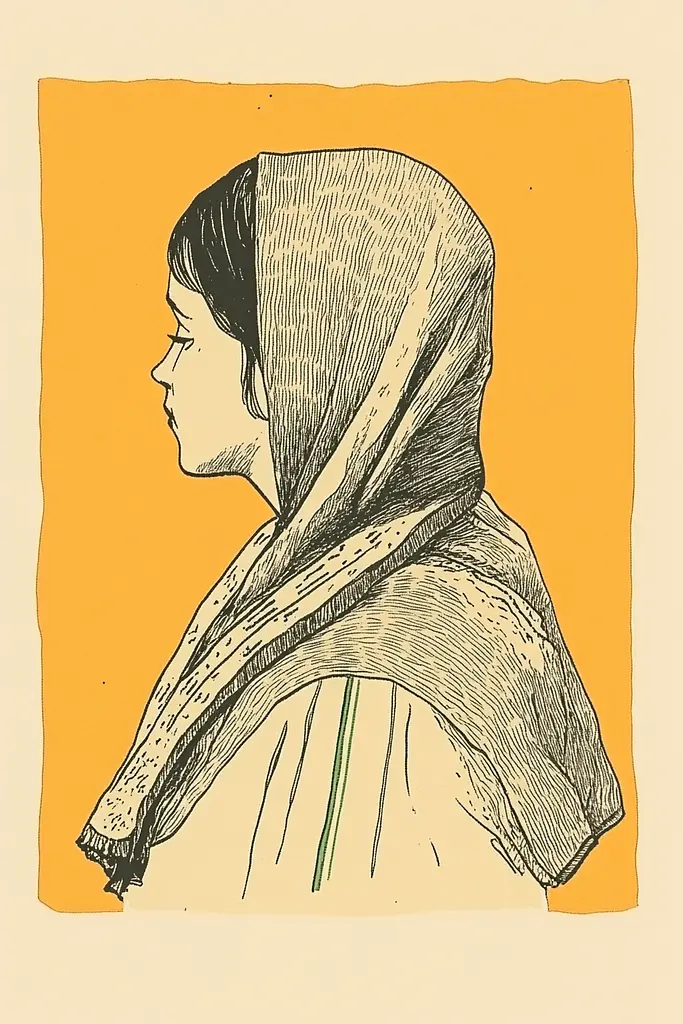 Midjourney generated image using SREF code Yellow Botanica: A drawing of a woman wearing a headscarf.