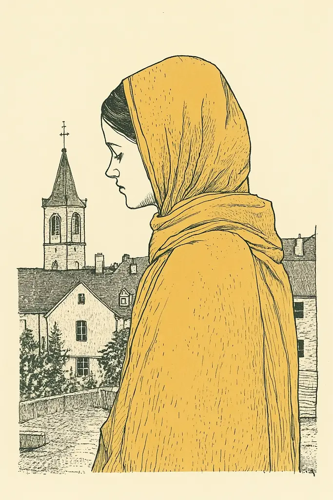 Midjourney generated image using SREF code Yellow Botanica: A drawing of a woman wearing a headscarf in front of a church.