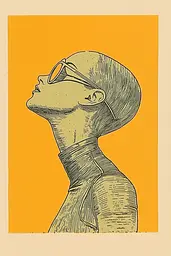 Midjourney generated image using SREF code Yellow Botanica: A drawing of a woman wearing sunglasses on an orange background.