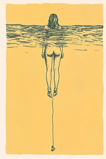 Midjourney generated image using SREF code Yellow Botanica: A drawing of a woman floating in the water.