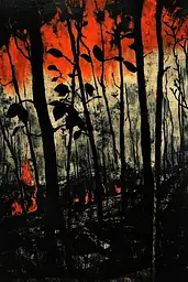 Midjourney generated image using SREF code Woodcut Noir: A painting of a forest with a fire in the background.