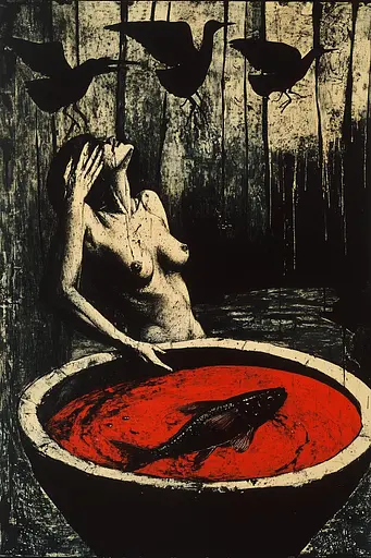 Midjourney generated image using SREF code Woodcut Noir: A black and white image of a woman in a bathtub with a fish.