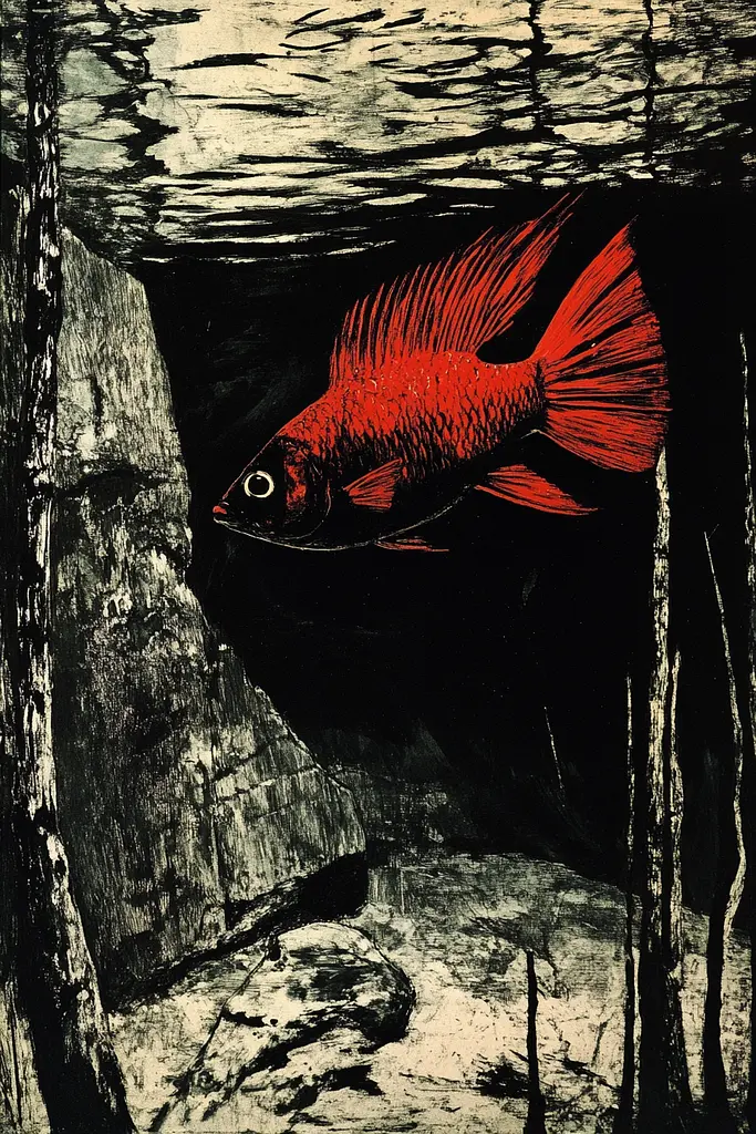 Midjourney generated image using SREF code Woodcut Noir: A red fish swimming in a cave next to a rock.