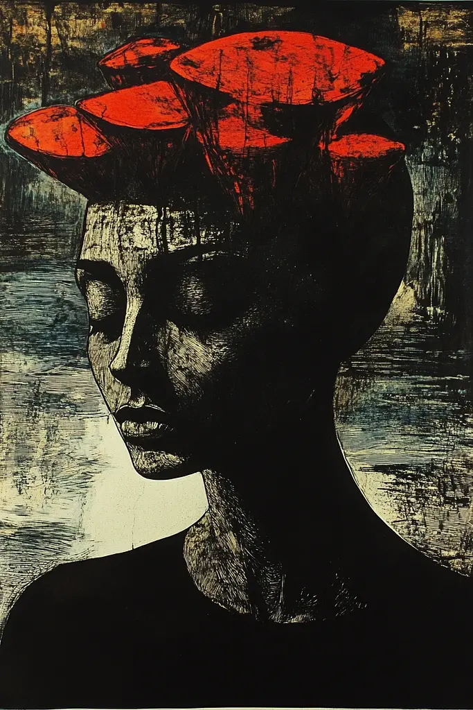 Midjourney generated image using SREF code Woodcut Noir: A black and red painting of a woman with a red hat on her head.