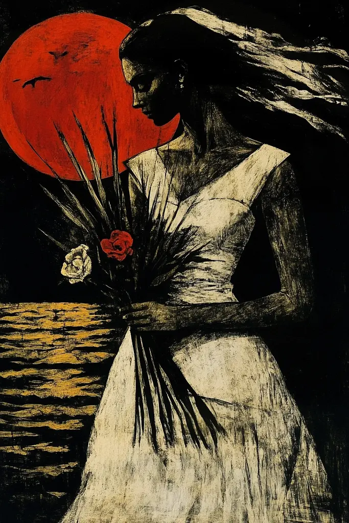 Midjourney generated image using SREF code Woodcut Noir: A woman in a white dress holding a bouquet of flowers.