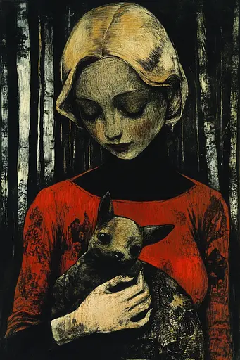 Midjourney generated image using SREF code Woodcut Noir: A woman holding a small dog in her arms.