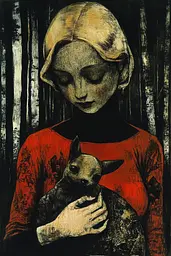 Midjourney generated image using SREF code Woodcut Noir: A woman holding a small dog in her arms.